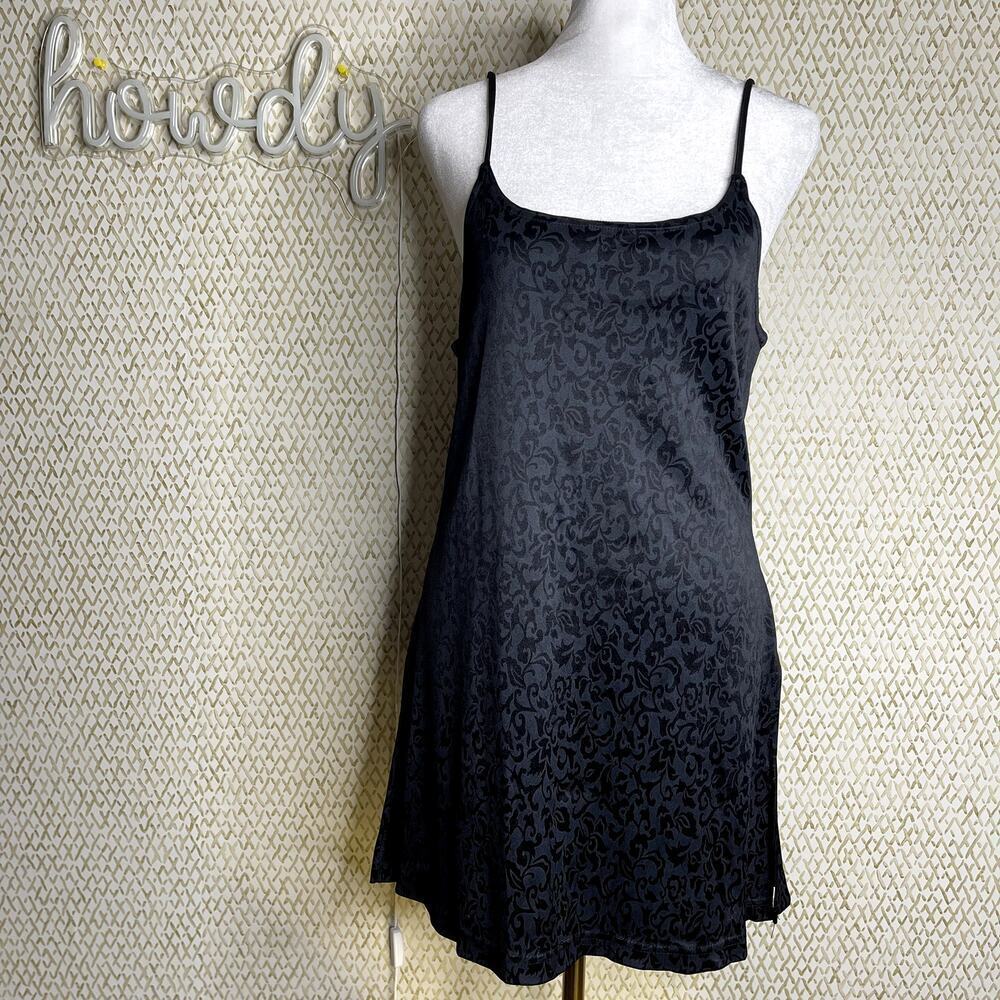 Y2K Vintage Gen X Blue Black Floral Spaghetti Strap Body Con Slip Dress Size L